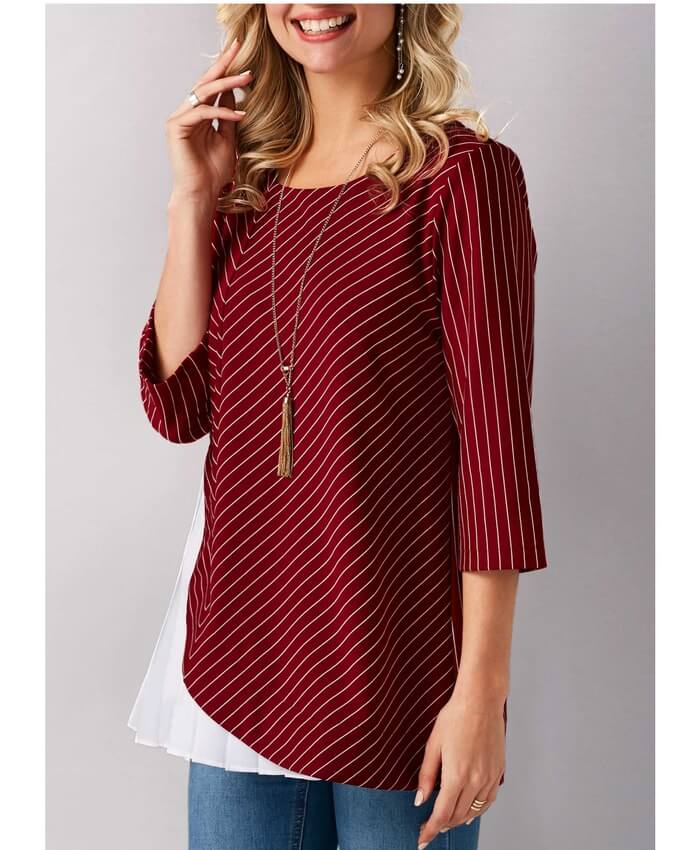 Pleated Wine Red Three Quarter Sleeve Blouse